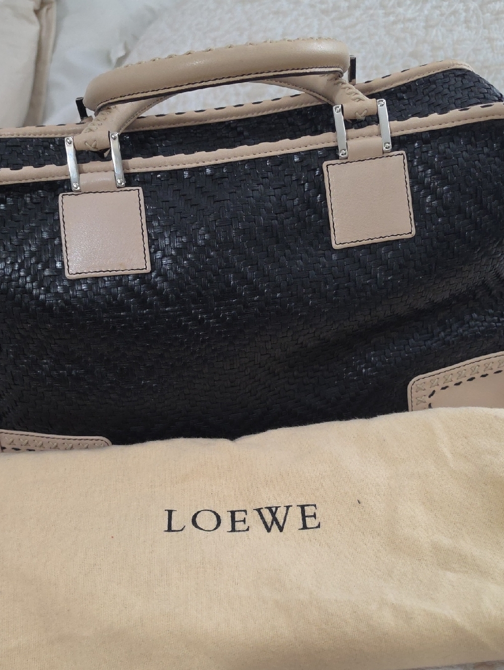 Leather-Trim Woven Satchel Bag - Black & Beige - Picture 15 of 16